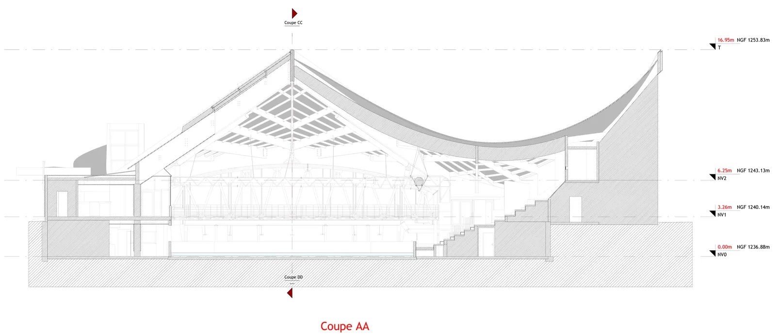 Coupe 2D technique sur le batiment patinoire du Lioran